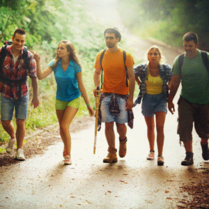Adventure group hiking nature outdoor therapy support community wellness.
