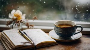 Aesthetic scene of a journal, pen, and cup of tea on a wooden windowsill with rain outside, perfect for reflection, inspiration, and peaceful moments.